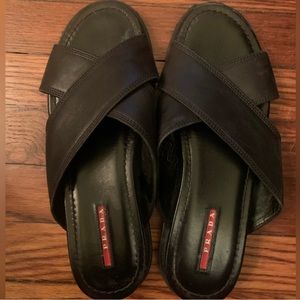 Prada Black Leather Cross-Strap Slide Sandals